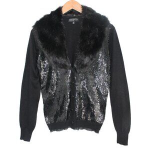 JONES NEW YORK Wool Blend Faux Fur Sequin Button Front Black Sweater - Small